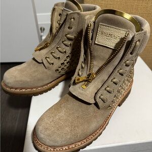 Balmain Taupe Suede Studded Lace-Up Boots with Gold Hardware